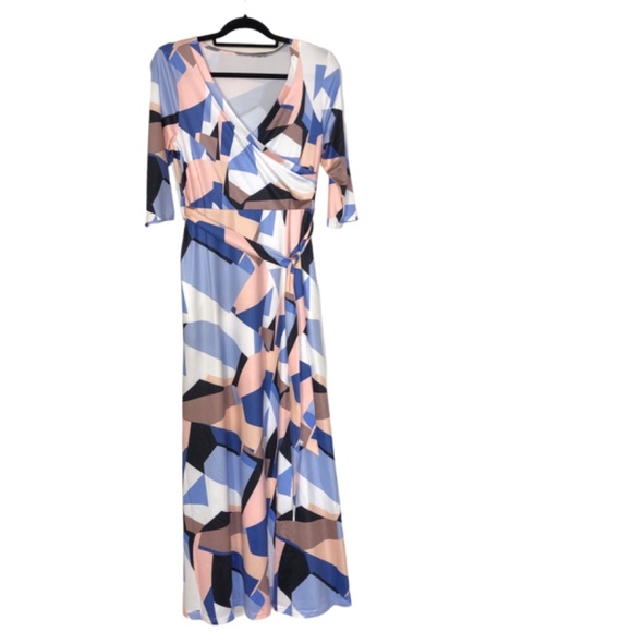 Dress For Women 3/4 Sleeve V-Neck Maxi With Belt & Pockets Size Medium - Picture 2 of 12